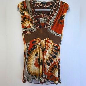 Sky Orange Bohemian Sleeveless Shirt With Faux‎ Leather Accent Empire Waist